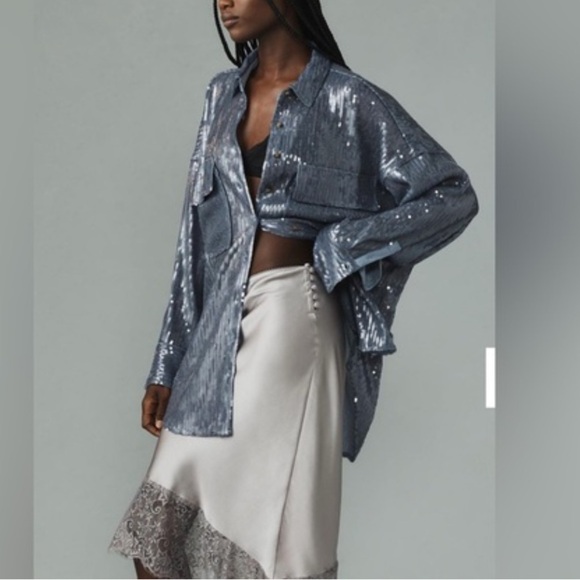 Pilcro Long Sleeve Oversized Sequin Buttondown Shirt Sz M NWT - Picture 1 of 11